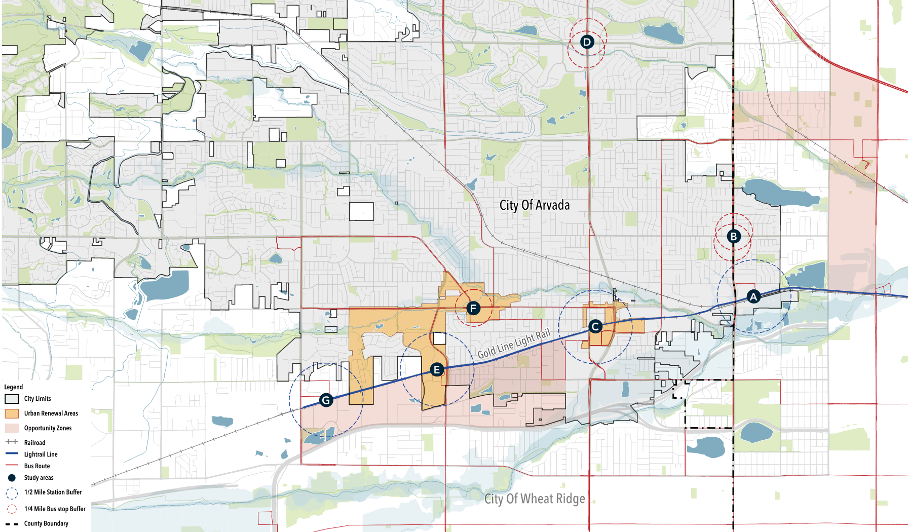 Map of the Seven Transit Stops and their study areas, 1