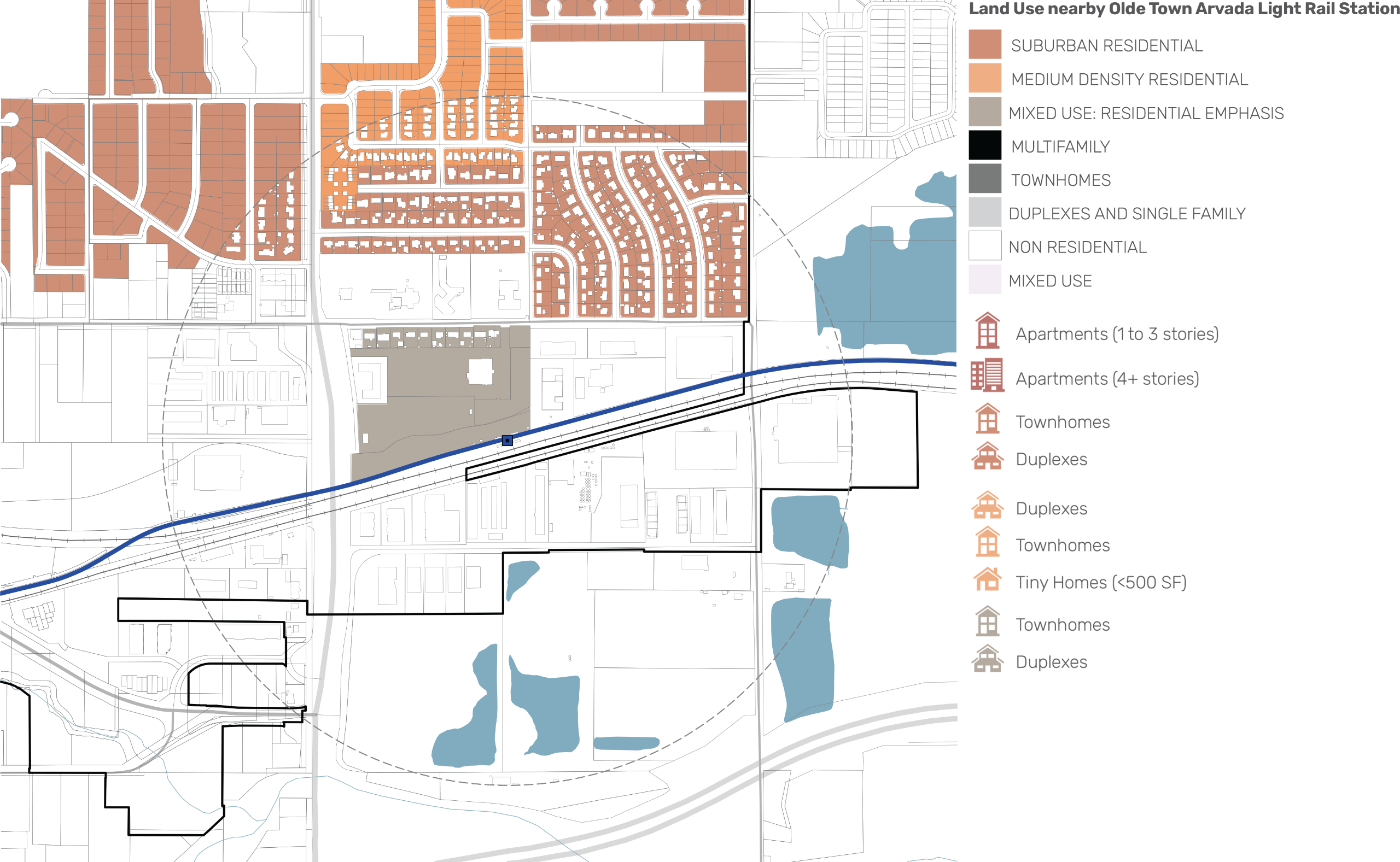 Land-use map within a 5-mile radius of the 60th / Sheridan – Arvada Gold Strike Light Rail Station, showing predominantly suburban residential neighborhoods, with medium-density residential and mixed-use areas located near the station and along the light 