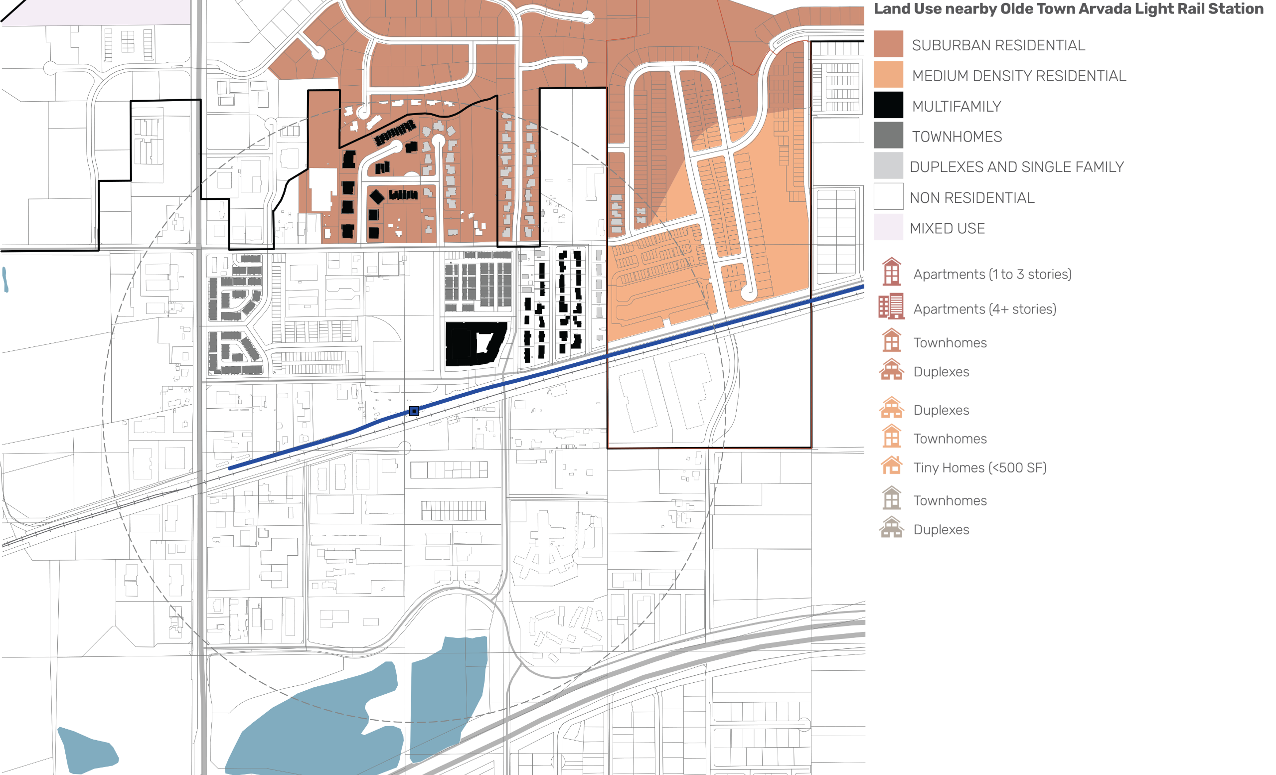 Land-use map within a 5-mile radius of the Wheat Ridge / Ward Road Light Rail Station, showing predominantly suburban residential neighborhoods, with medium-density residential and townhome areas clustered near the station and along the light rail corrido