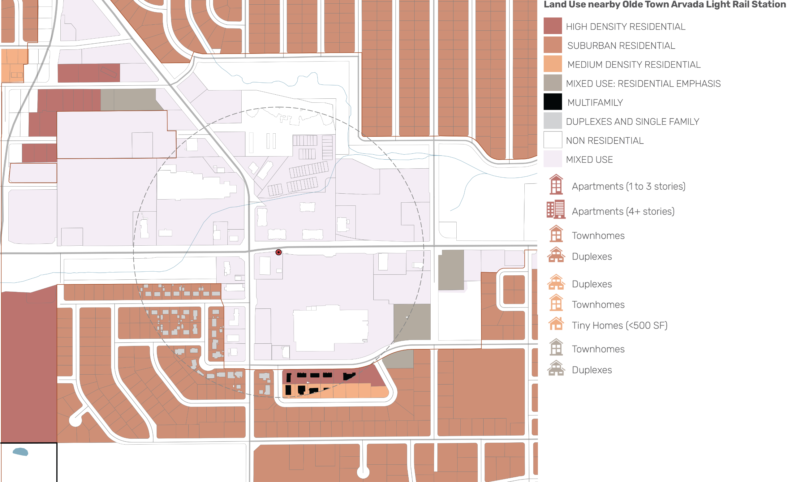 Land-use map within a 5-mile radius of the Independence St & Ralston Rd Light Rail Station, showing predominantly suburban residential neighborhoods, with medium-density, mixed-use, and non-residential areas concentrated along major roads and near the sta