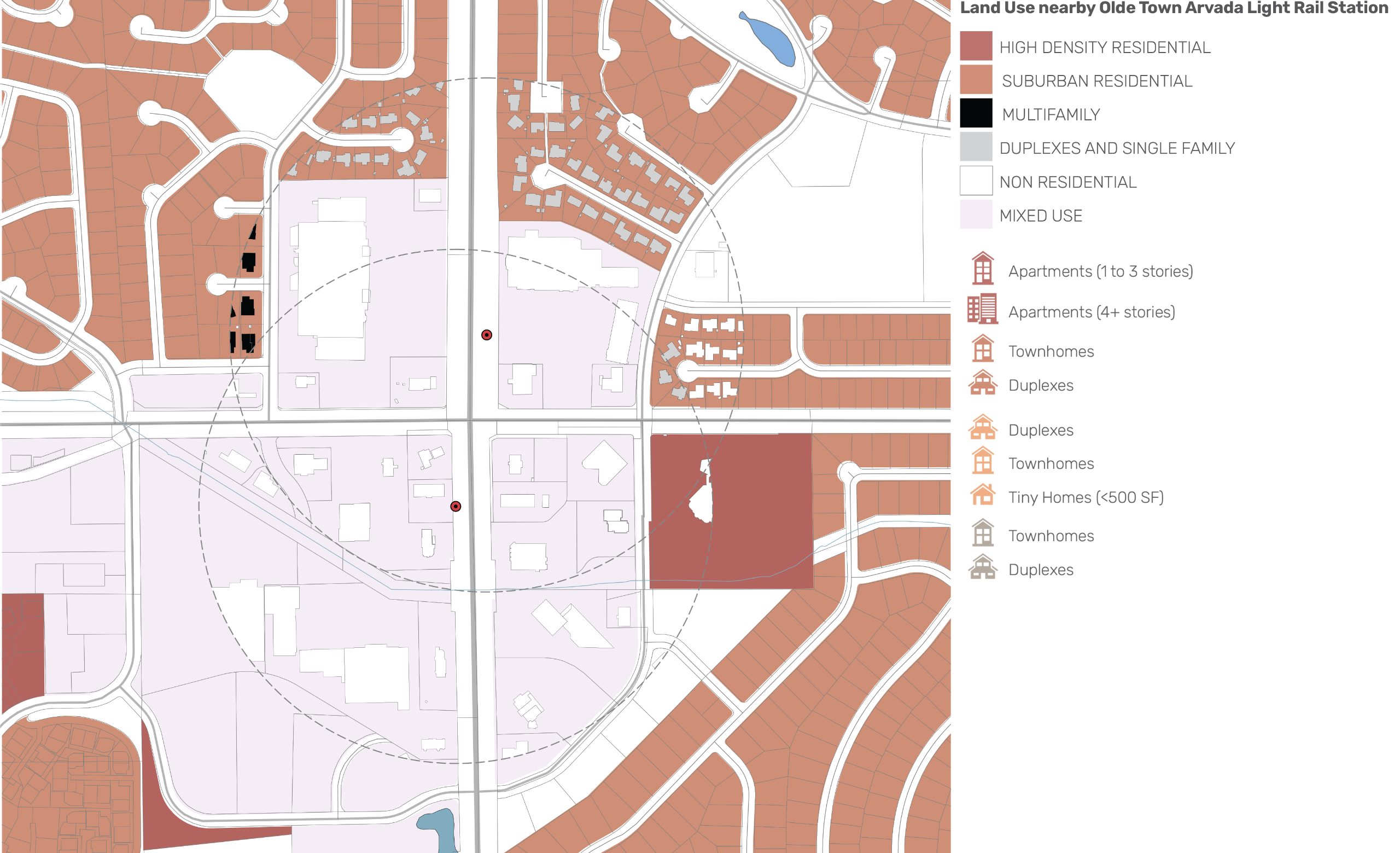 Land-use map within a 5-mile radius of the Wadsworth Blvd & W 80th Ave Light Rail Station, showing higher residential density near the station and along the rail corridor, with lower-density residential areas, mixed-use zones, and non-residential areas ex