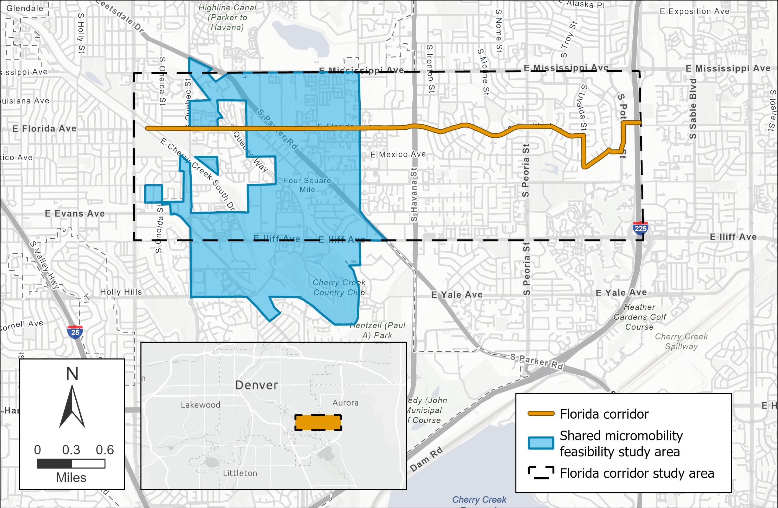 Map of the Florida Avenue corridor study area delineating the corridor study limits and shared micromobility feasibility study area.