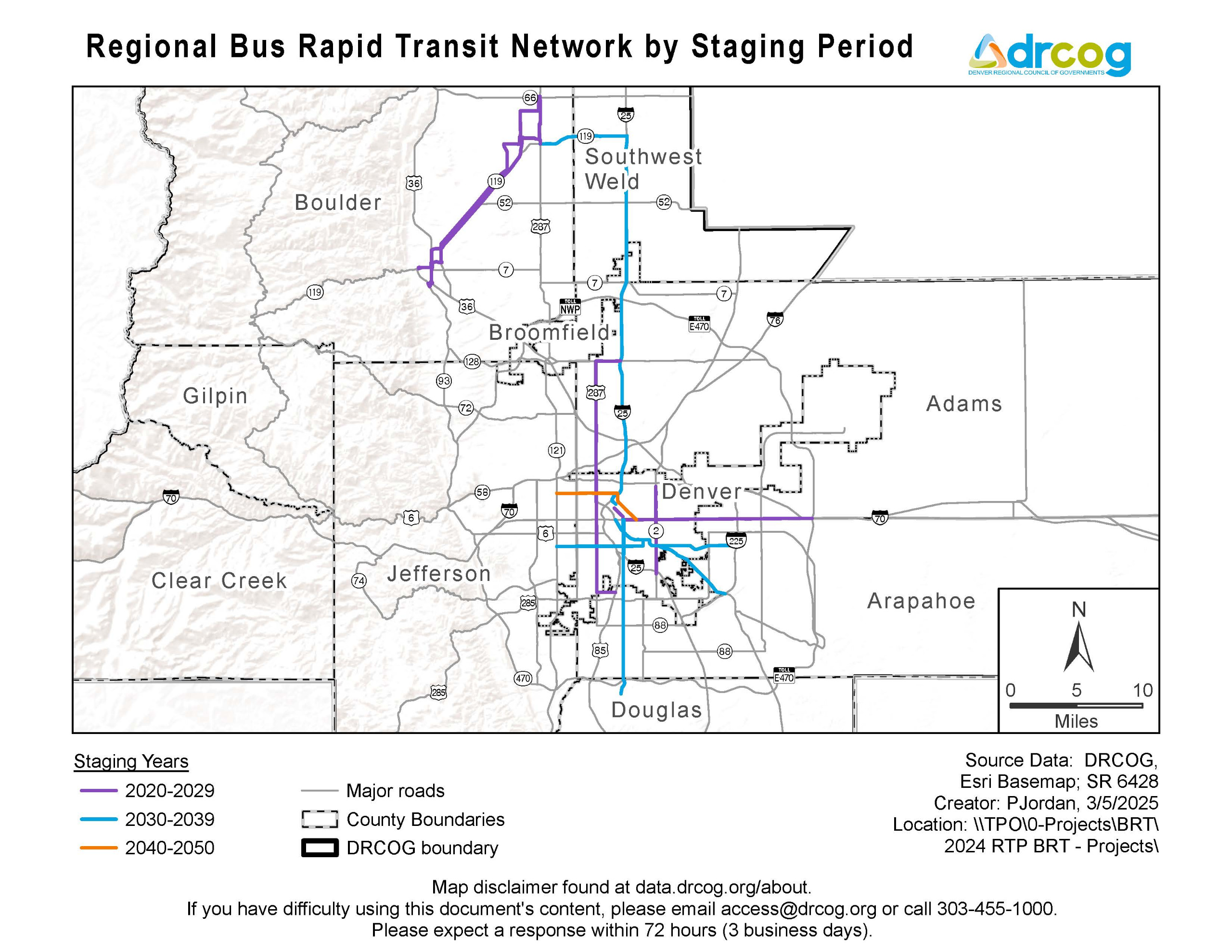 A map depicting each bus rapid transit corridor included in the regional bus rapid transit network grouped by staging period. Staging years 2020-2029 are illustrated using a purple line symbol, the staging years 2030-2039 are illustrated using a blue line symbol, and the staging years 2040-2049 are illustrated using an orange line symbol. Its geographic areas include Arapahoe, Adams, Broomfield, Boulder, Clear Creek, Douglas, Jefferson, Gilpin, and Weld counties and the City and County of Denver. 